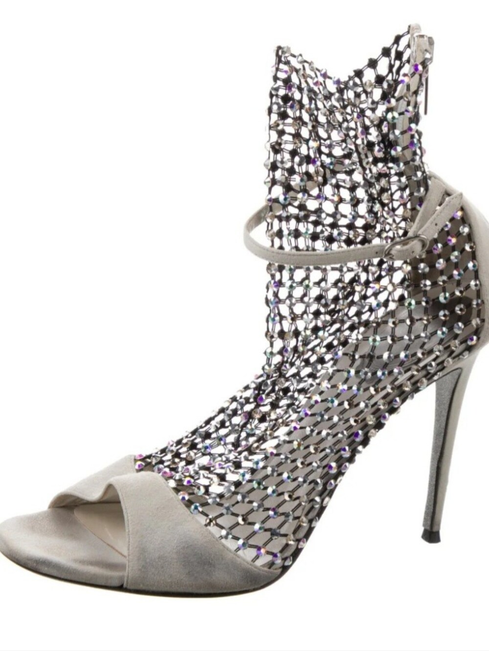 Rene Caovilla Galaxia Silver Embellished Mesh Stiletto Sandal - Women 10